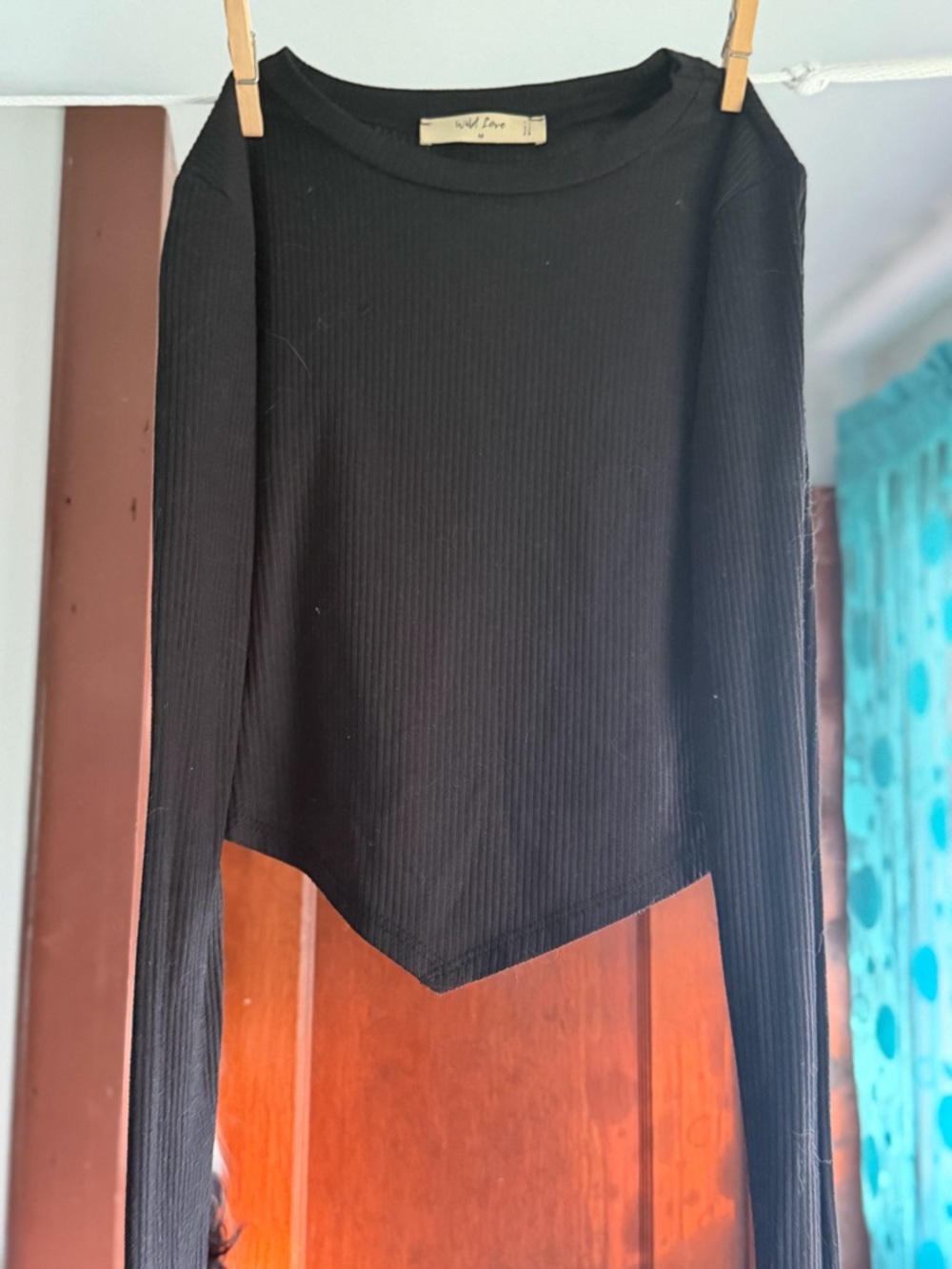 wild fable Black Ribbed Pointed-Hem Long Sleeve Top
